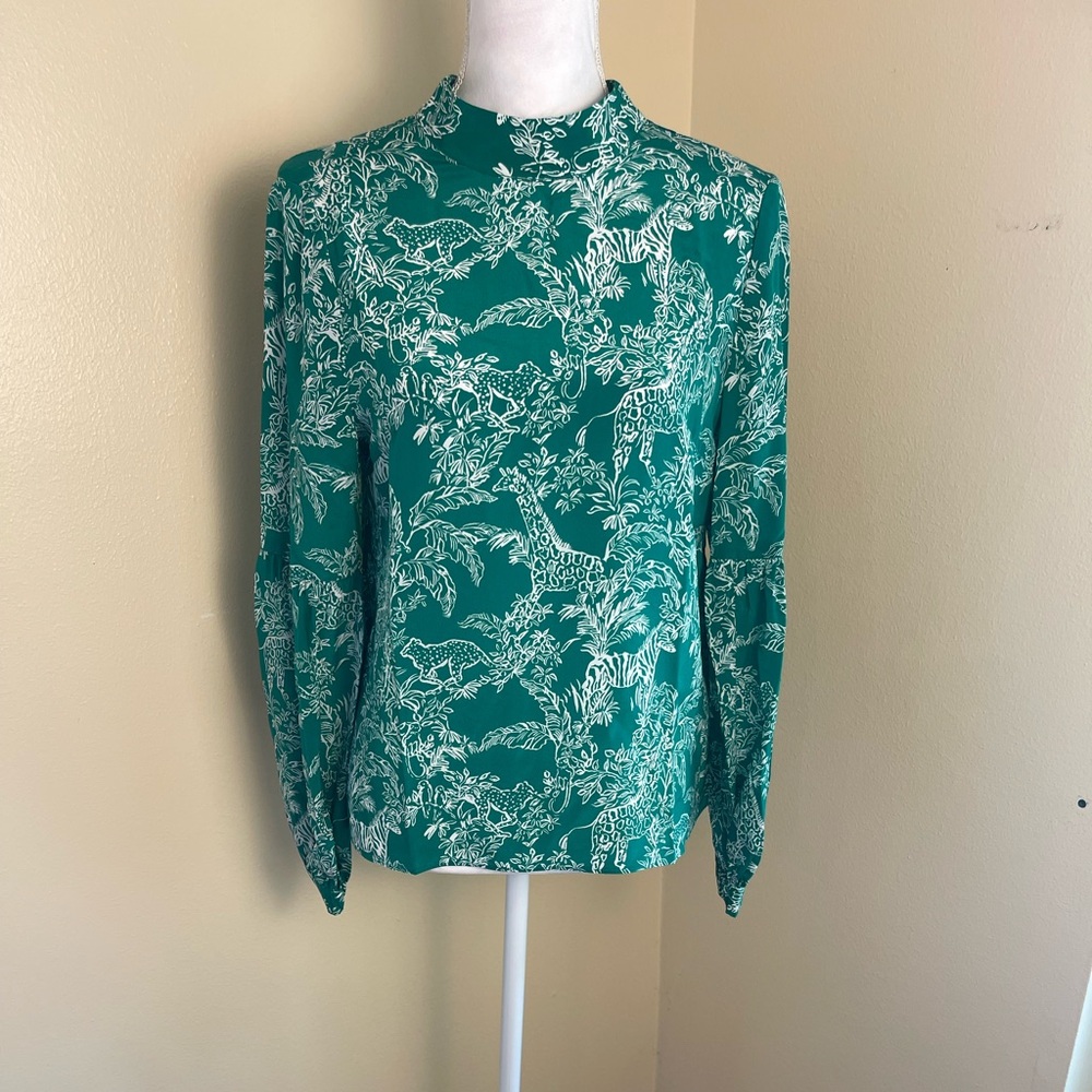 Lilly Pulitzer Silk Toile Blouse XS Bow Green Animal Print Preppy Coastal Chic